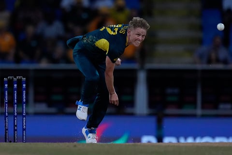 Nathan Ellis bowls against Namibia